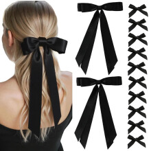 pince à cheveux en satin soyeux, longue et double épaisseur, avec grand nœud en ruban épais pour femmes (1 pièce * Noir, kkl)