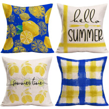 Housses de coussin citron sur fond bleu, 50 x 50 cm, lot de 4