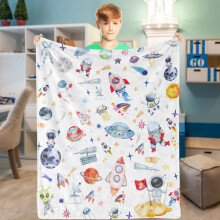 Couverture douce sur le thème de l'espace pour enfants (127 x 152 cm) – Polaire motif planètes, fusées et galaxies, flanelle douce et moelleuse