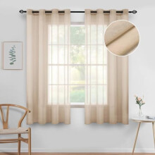 Beige Semi-Sheer Grommet Curtains (54x63"), Linen-Textured Voile Panels for Bedroom & Living Room