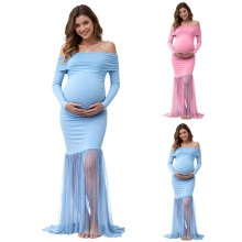 Maternity Dress for Women Off Shoulder Long Sleeve Mesh Maxi Dresses for Ladies Summer Photoshoot Blue M