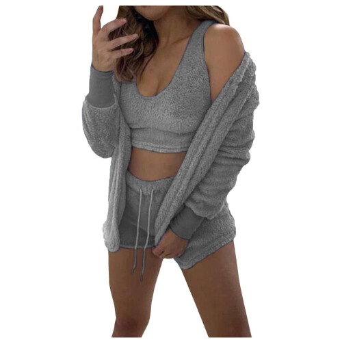 QLEICOM Γυναικεία Σέξι Fuzzy3Piece Ρούχα Ζεστό Φλις Ζακέτα με Κουκούλα Crop Top Σετ Σορτς 2