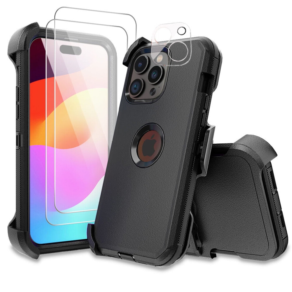 Tashhar Iphone 15 Case W/ Screen & Lens Protector, Belt Clip Holster, Military-Grade 3-In-1 Shockproof Armor Â Black 9558633742107
