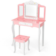 Peluquería para niños - HELLOSHOP26 - 70 x 34 x 104,5 cm - Parte extraíble del escritorio - Espejo de 3 paneles - Rosa y blanco