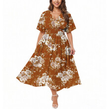 Dámské letní plus size výstřih do V s krátkým rukávem, rozdělený lem, květinový elegantní motýlí tisk, volné večírek, maxi šaty