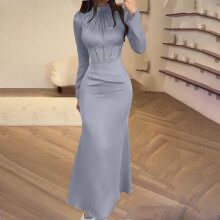 Robe longue élégante en satin à col montant et manches longues, taille haute élastique, idéale pour les mariages, les cocktails et les soirées