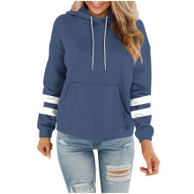 Sweat-shirt à capuche rayé pour femme, manches longues, poche, idéal pour les sorties décontractées par temps frais (bleu marine, L)