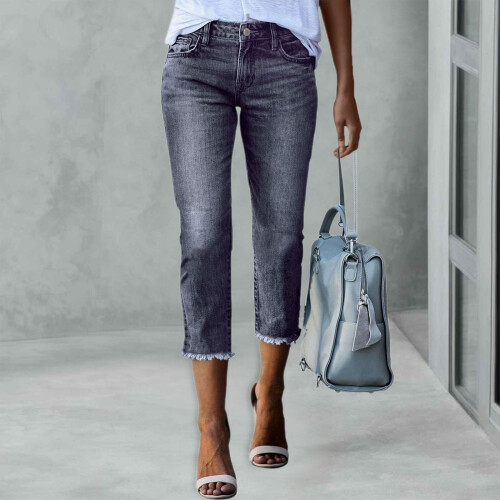 Dame Capri Jeans med lige ben i grå stretchdenim 1