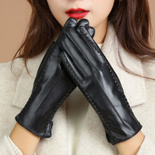 Luvas femininas de couro sintético, luvas de inverno de imitação, luvas quentes de PU com laço de pelúcia.