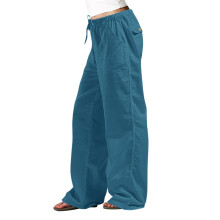 Conjuntos para salir de noche para mujer, pantalones largos casuales de color liso con bolsillos y cintura elástica, color azul.