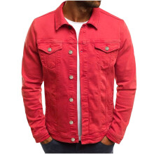 Veste en jean homme, imitation denim, légère, boutonnée, couleur unie, style vintage, coupe classique slim, rouge, taille M