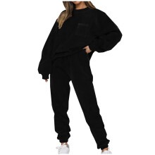 Fashion Track Suits for Women Set Solid Round-Neck Pullover Top Pants 2 Piece Sport Set Hoodless Sweatsuit Set,Black