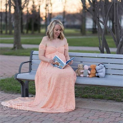 Φόρεμα εγκυμοσύνης, φόρεμα για πάρτι baby shower με φλοράλ δαντέλα και κορδέλα στη 1