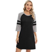 Damen-Nachthemd mit 3/4-Ärmeln, Farbblock-Design, Rundhalsausschnitt, knielang, Größen S-3XL, lockere, lässige Loungewear