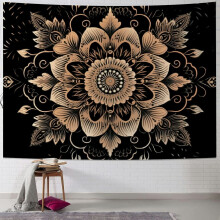 Golden Lotus Mandala Tapestry, Bohemian Wall Hanging, Aesthetic Meditation Art, Compatible with Bedroom Decor, 50x40 inch