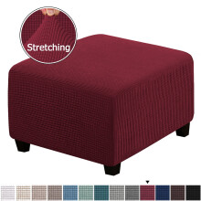 Wine Red Square Ottoman Slipcovers, Stretch Spandex Jacquard Fabric, Form-Fit with Elastic Bottom, Compatible with 35"-44" Ottomans