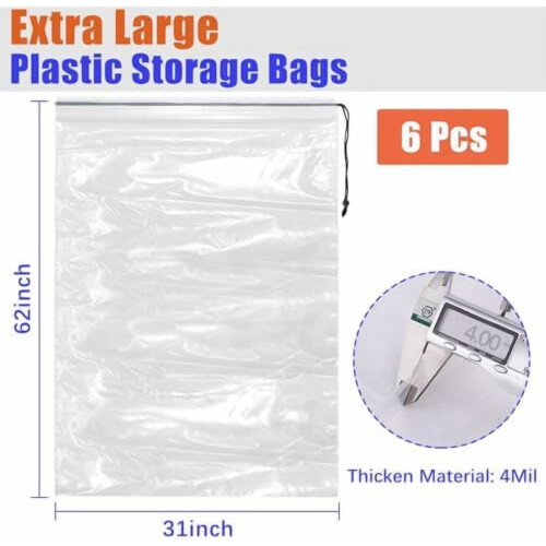 Sacos plásticos transparentes com cordão, 62 x 31 polegadas, 4 mil, pacote com 6 unidades. 2