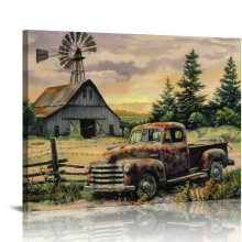Wandbild im Landhausstil – Rustikale Scheune & Windmühle auf Leinwand, Landhausdeko, passend zum Landhausstil