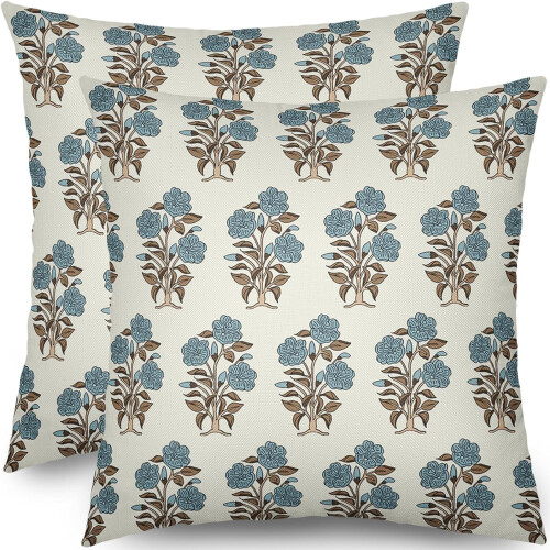 Καφέ & Μπλε Μαξιλαροθήκες με Floral Block Print 16x16, Σετ 2 τεμαχίων, Σινοϊζερί Σχέδιο, Λινό,