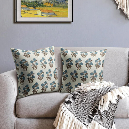 Καφέ & Μπλε Μαξιλαροθήκες με Floral Block Print 16x16, Σετ 2 τεμαχίων, Σινοϊζερί Σχέδιο, Λινό, 2