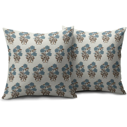 Καφέ & Μπλε Μαξιλαροθήκες με Floral Block Print 16x16, Σετ 2 τεμαχίων, Σινοϊζερί Σχέδιο, Λινό, 1