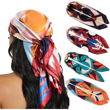 4-delige set hoofddoeken voor dames, 35 inch (90 cm), zijdeachtige satijnen nekdoeken, vierkante bandana's, haarwikkels, sjaal om mee te slapen.