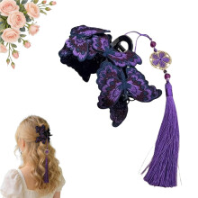 Pince à cheveux papillon style chinois, pompon en soie mate