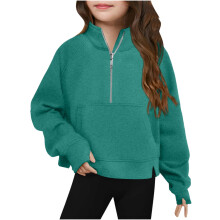 Mädchen-Sweatshirt mit halbem Reißverschluss, Rundhalsausschnitt, langen Ärmeln, Crop-Top, Fleece-Sweatshirt für Kinder, Größe 120-160