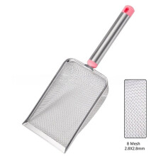 Pá de aço inoxidável com malha fina para areia de gato, fácil de limpar, antiaderente, ideal para répteis e areia. Eficiente e durável.