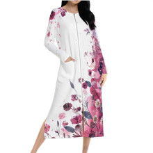 Blommig pyjamasklänning för kvinnor, långärmad, lös passform, dragkedja framtill, dubbelsidig fleece, S-2XL