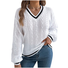 Damestrui met V-hals en pofmouwen in kleurblokken, gemaakt van acryl gebreid materiaal, losse pasvorm, casual top, zachte textuur, comfortabel om te
