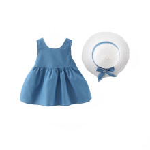 Babyflickor Denim Sommar Casual Prinsessklänning Med Hatt 2-delat Set Småbarn Barn Rynkad Rosett Ärmlös Klänningar Storlek 1-2 År