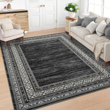 Washable area rug black geometric 5x7 ft