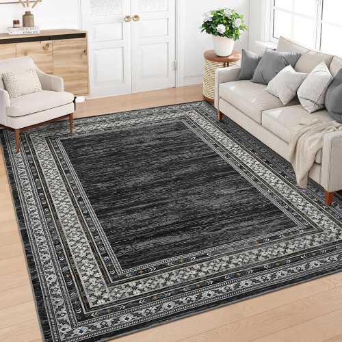Washable area rug black geometric 5x7 ft