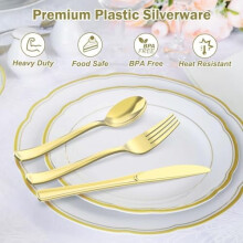 200pc Heavy Duty Gold Plastic Silverware Set (100 Forks, 50 Spoons, 50 Knives), BPA-Free & Heat Resistant, Disposable Cutlery Bulk
