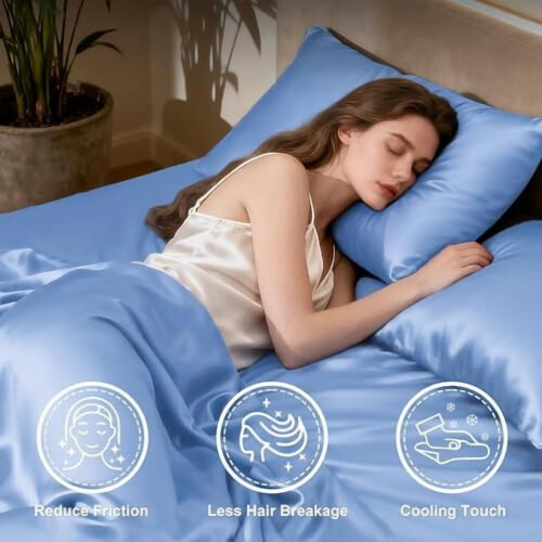 Σετ σεντόνια Twin XL Satin – 3 τεμάχια σεντόνια σε γαλάζιο χρώμα με βαθιές τσέπες, 2