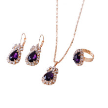 3-delige set dames sieradenset met waterdruppelvormige hanger, heldere strass steentjes, ketting, oorbellen en ring, perfect voor Valentijnsdag,