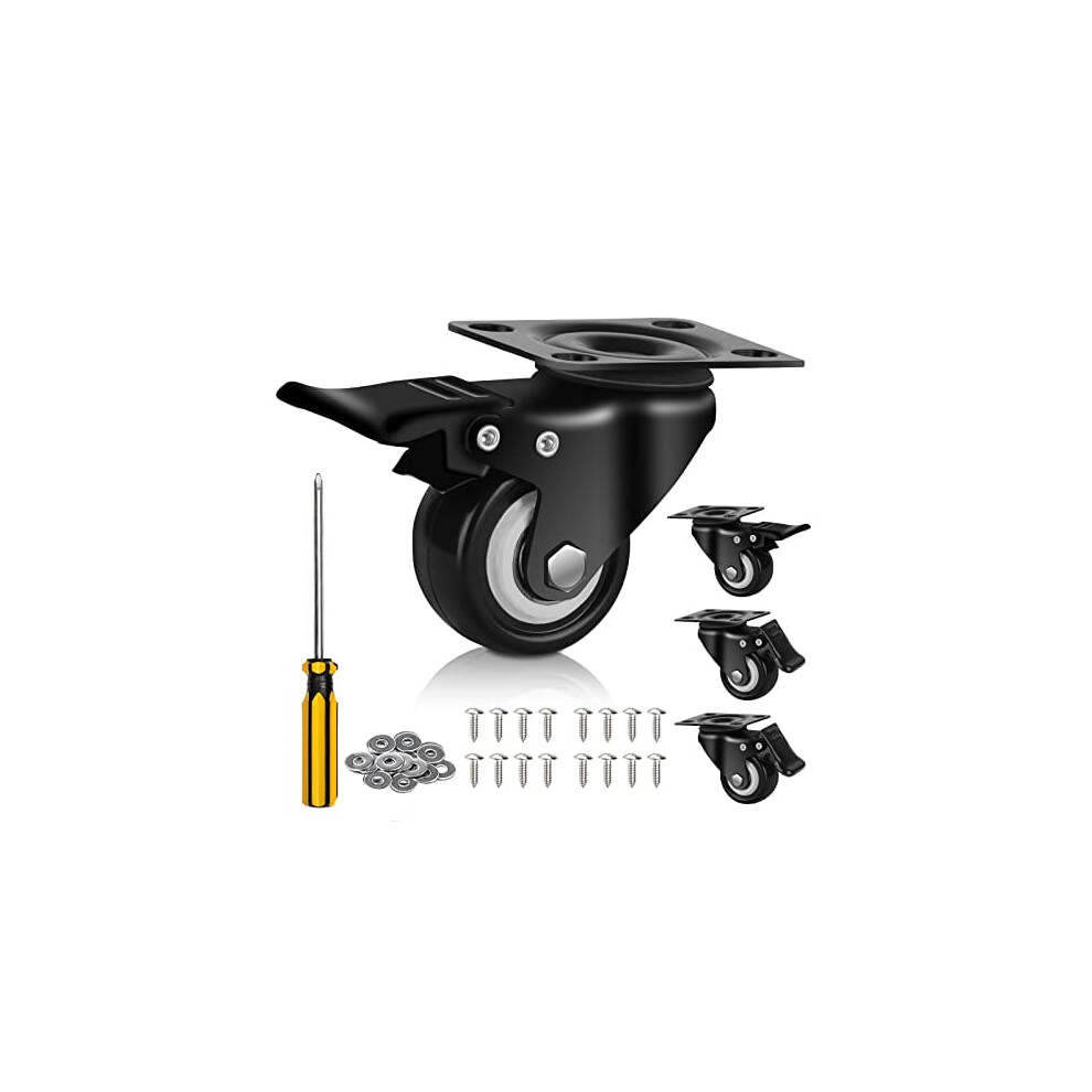 2" Heavy-Duty Silent Casters Set Of 4, Pu Wheels With Lock, Swivel Plate, Compatible With Carts, Furniture, Workbenches 9418476386206