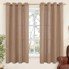 63" Mocha Brown Linen Curtains, Light Filtering Grommet Drapes (2 Panels, 52x63"), Semi-Sheer Rustic Style