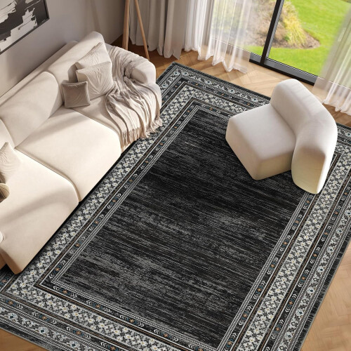 Washable area rug black geometric 5x7 ft 1