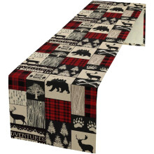 Camino de mesa con diseño de oso, alce y animales salvajes de granja, estilo rústico, con estampado de retazos rojos y cuadros, ideal para la
