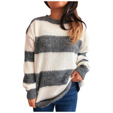 Damen-Pullover mit Farbblock-Design, lockere Passform, Strickoberteil, gestreift, Rundhalsausschnitt, weiches Nylon-Spandex-Material,