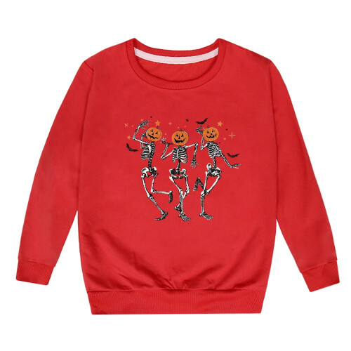 Felpa con scheletro e zucca di Halloween per bambini di 3-4 anni, rossa.
