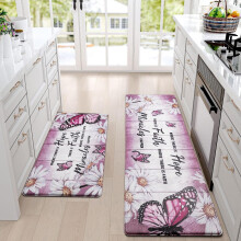 Butterfly Kitchen Rugs Set of 2, Farmhouse Anti-Fatigue Mats, Non-Slip Washable Daisy Floral Design, 18"x30"+18"x48", Pink