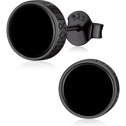 Orecchini a perno in argento sterling 925 con runa vichinga e onice nera naturale per uomo e donna