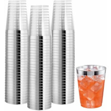 100 vasos de plástico transparente de 10 oz con borde plateado, vasos desechables resistentes para bodas y fiestas.