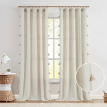 Boho Linen Blend Curtains 84" (2 Panels), Light Filtering Farmhouse Drapes with Tassels & Fringe, W50xL63, Rod Pocket + Back Tab, Beige (Ecru)