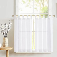 Linen Tier Curtains 36", Tab Top, Farmhouse Style, Light Filtering, for Bathroom/RV, 2 Panels, White
