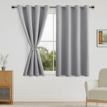 Blackout Short Curtains with Tiebacks, Room Darkening Grommet Top, Silver Grey, 52x45", Set of 2 Panels
