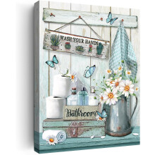 Rustikales Wandbild fürs Badezimmer im Landhausstil: Leinwanddruck mit türkisfarbenen Blumen und Schmetterlingen, 30 x 40 cm, gerahmt und fertig